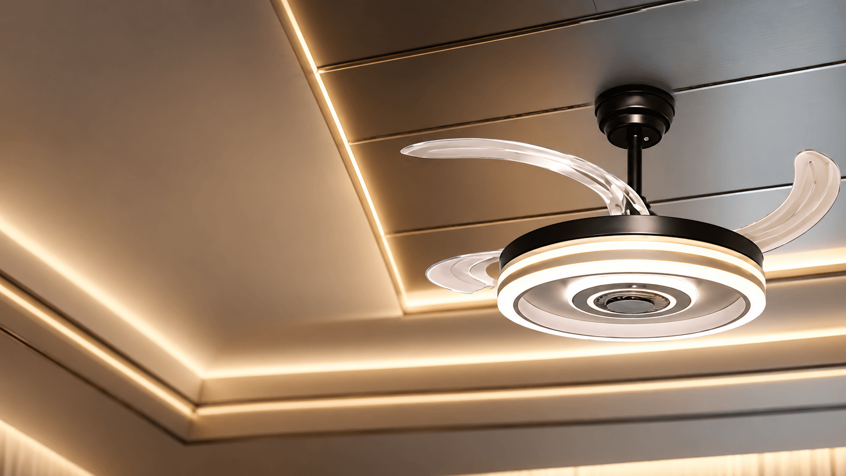 Calliope chandelier fan glowing under a softly lit cove ceiling