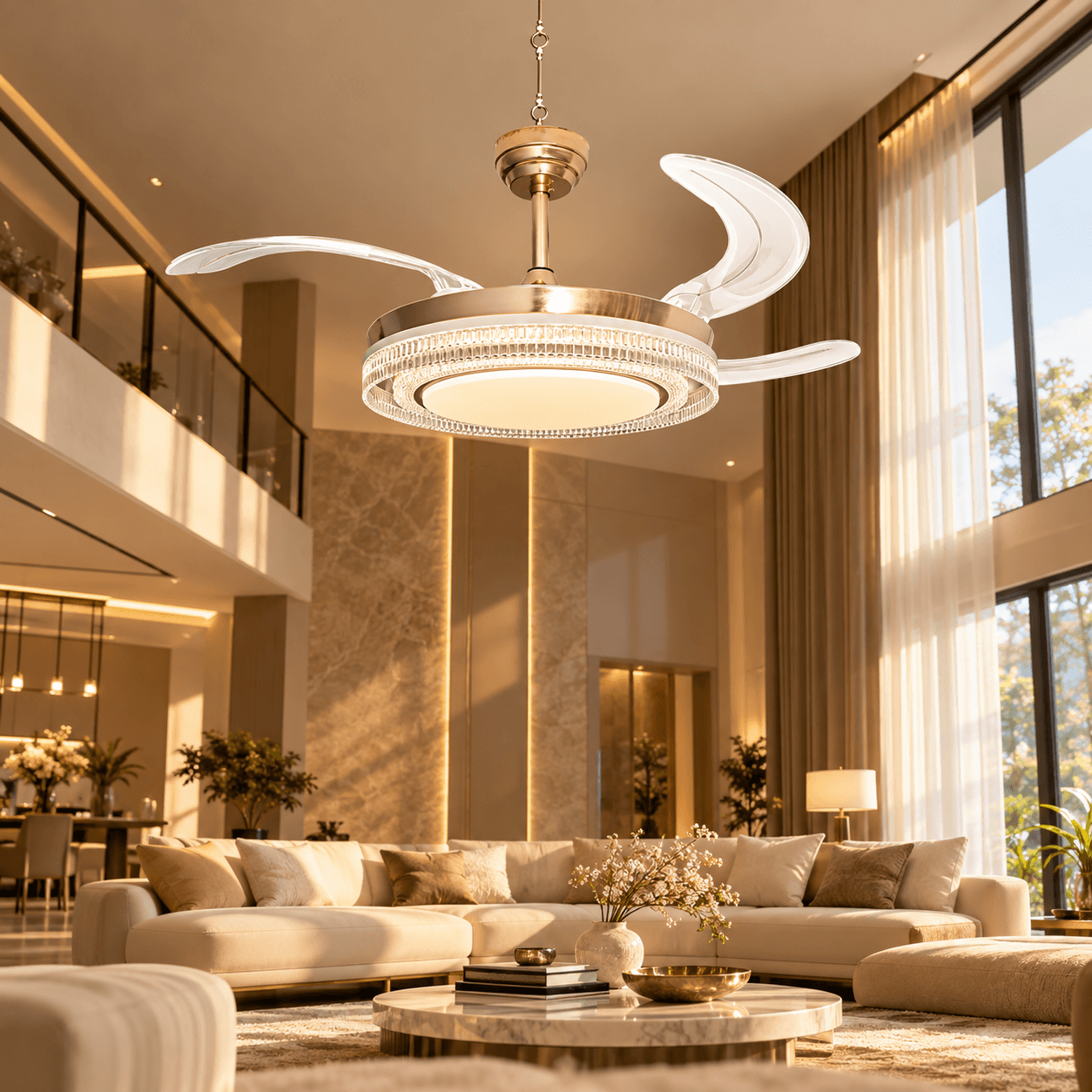 A rose-gold crystal chandelier fan with clear blades in a double-height living room