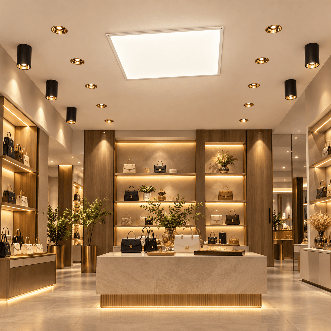 Gold-lined recessed COB downlights, black surface spots and a panel light in a boutique