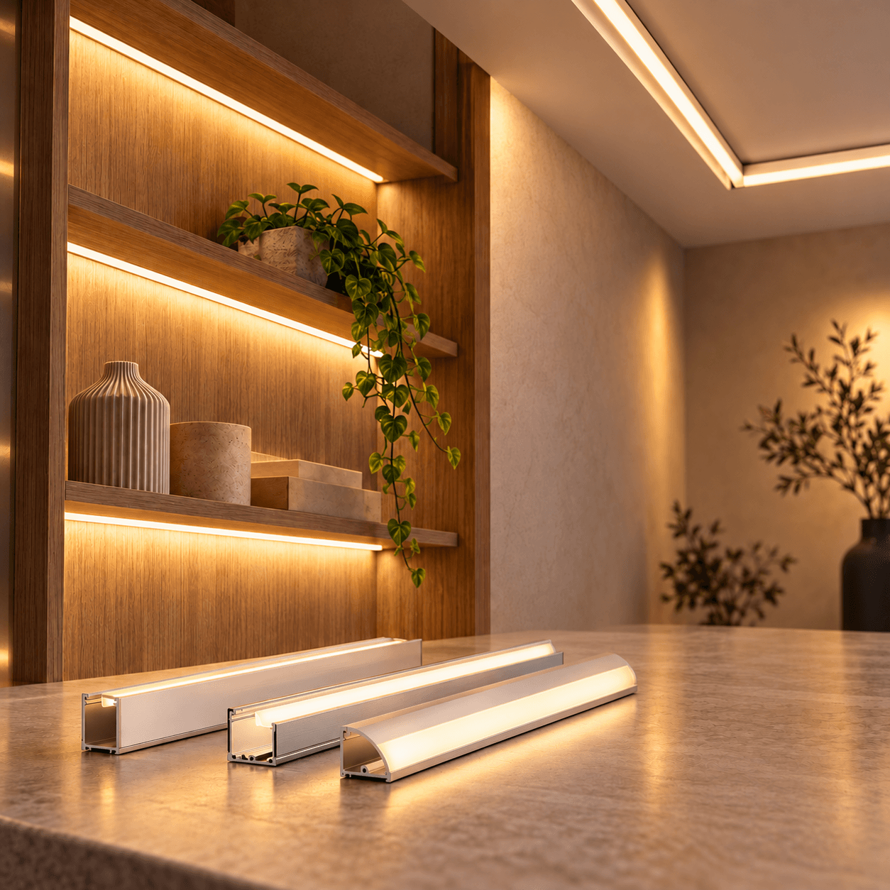 Aluminium LED profiles on a stone counter in front of shelves lit with warm LED strips