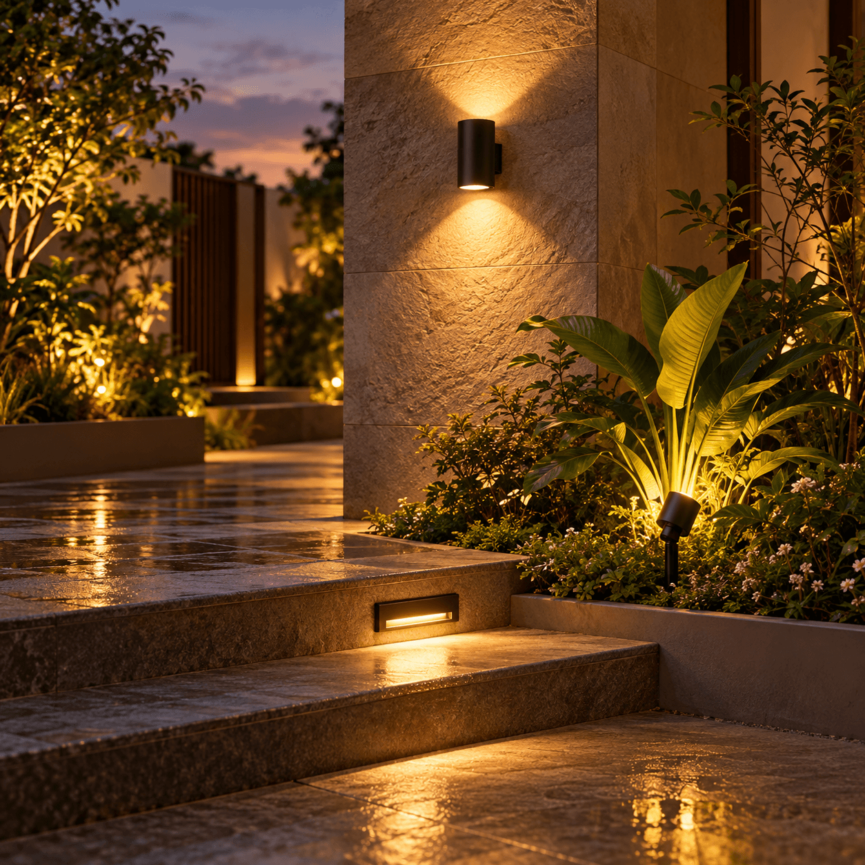 An outdoor wall light, step foot light and garden spike light at dusk
