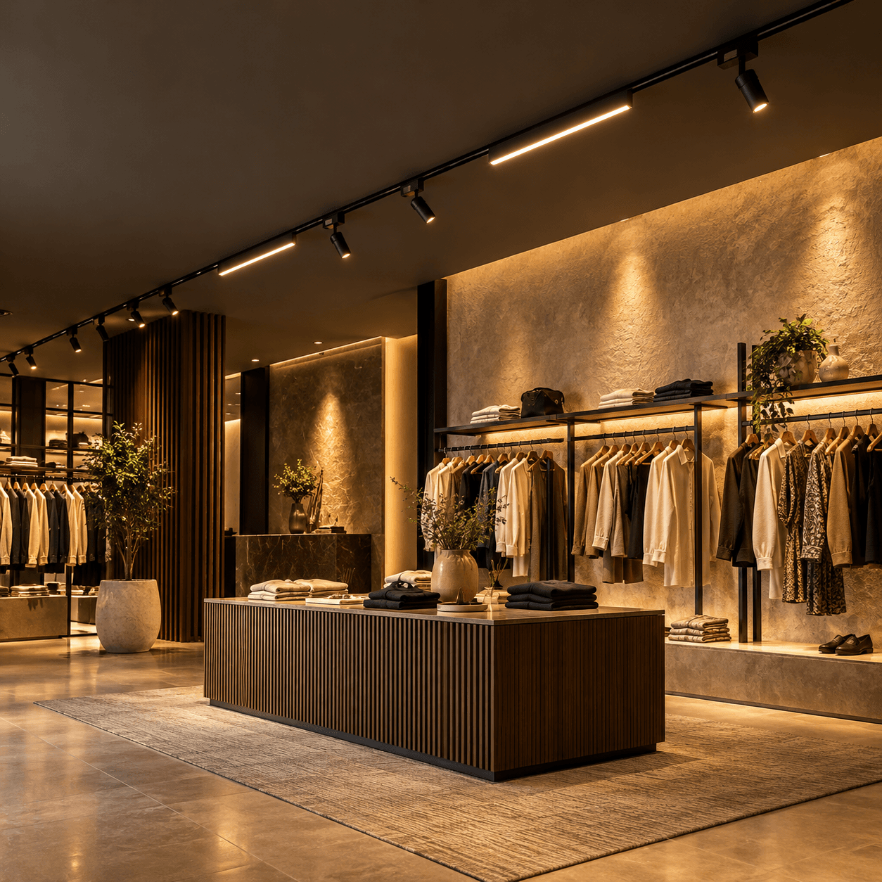 Black magnetic track with spotlights and linear modules lighting a clothing store
