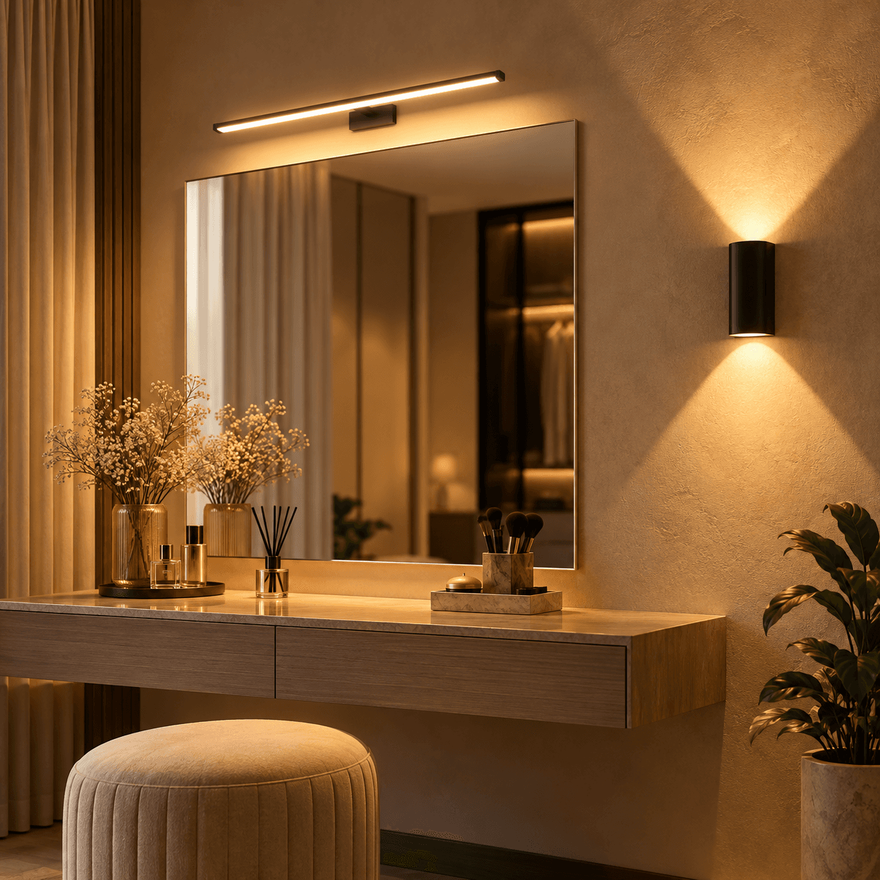 A slim LED bar above a dressing-table mirror beside a black up-and-down wall light