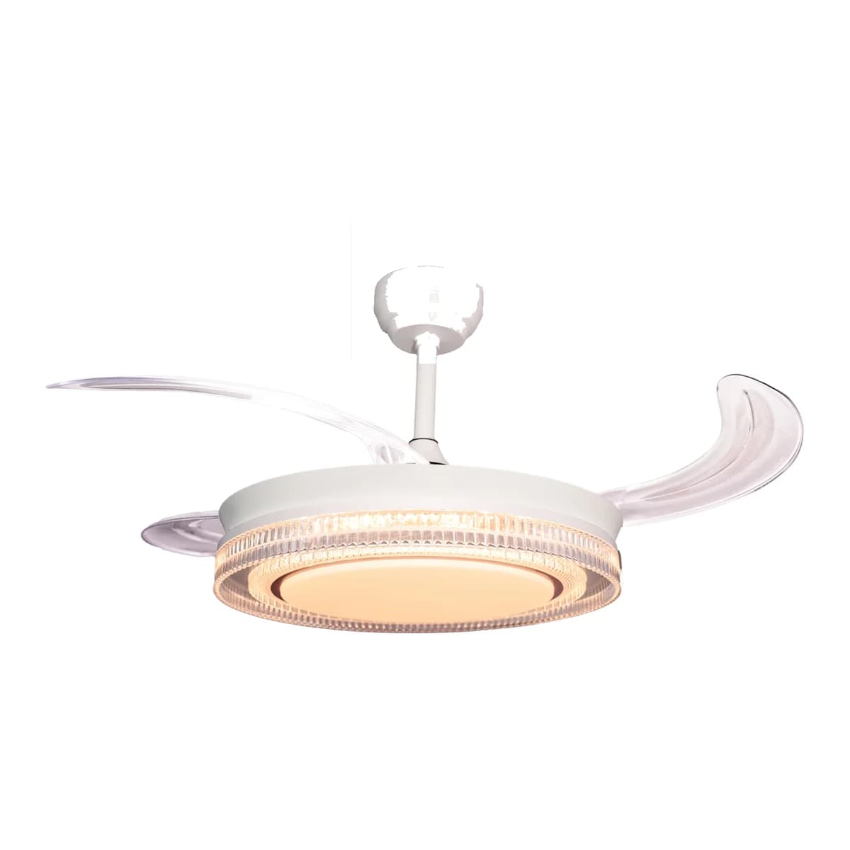 Alina white chandelier fan, profile view with blades open
