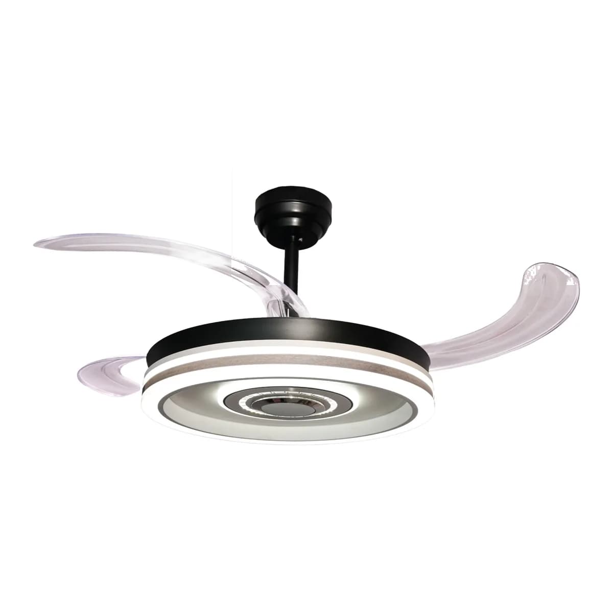 Calliope black chandelier fan, profile view with blades open
