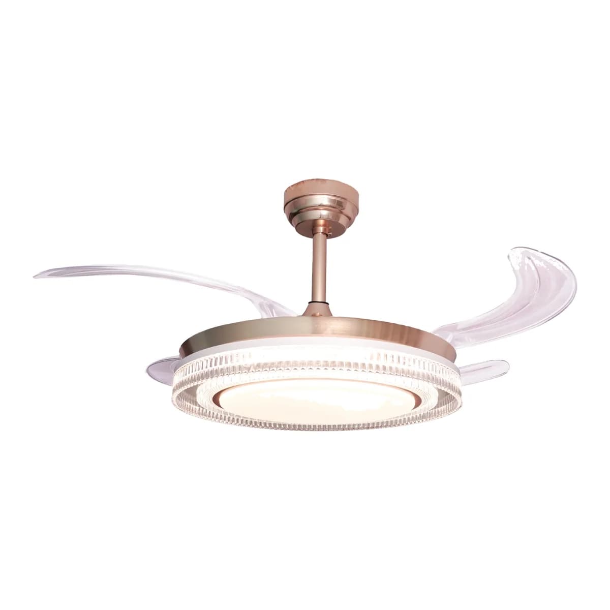 Castila rose gold chandelier fan, profile view with blades open