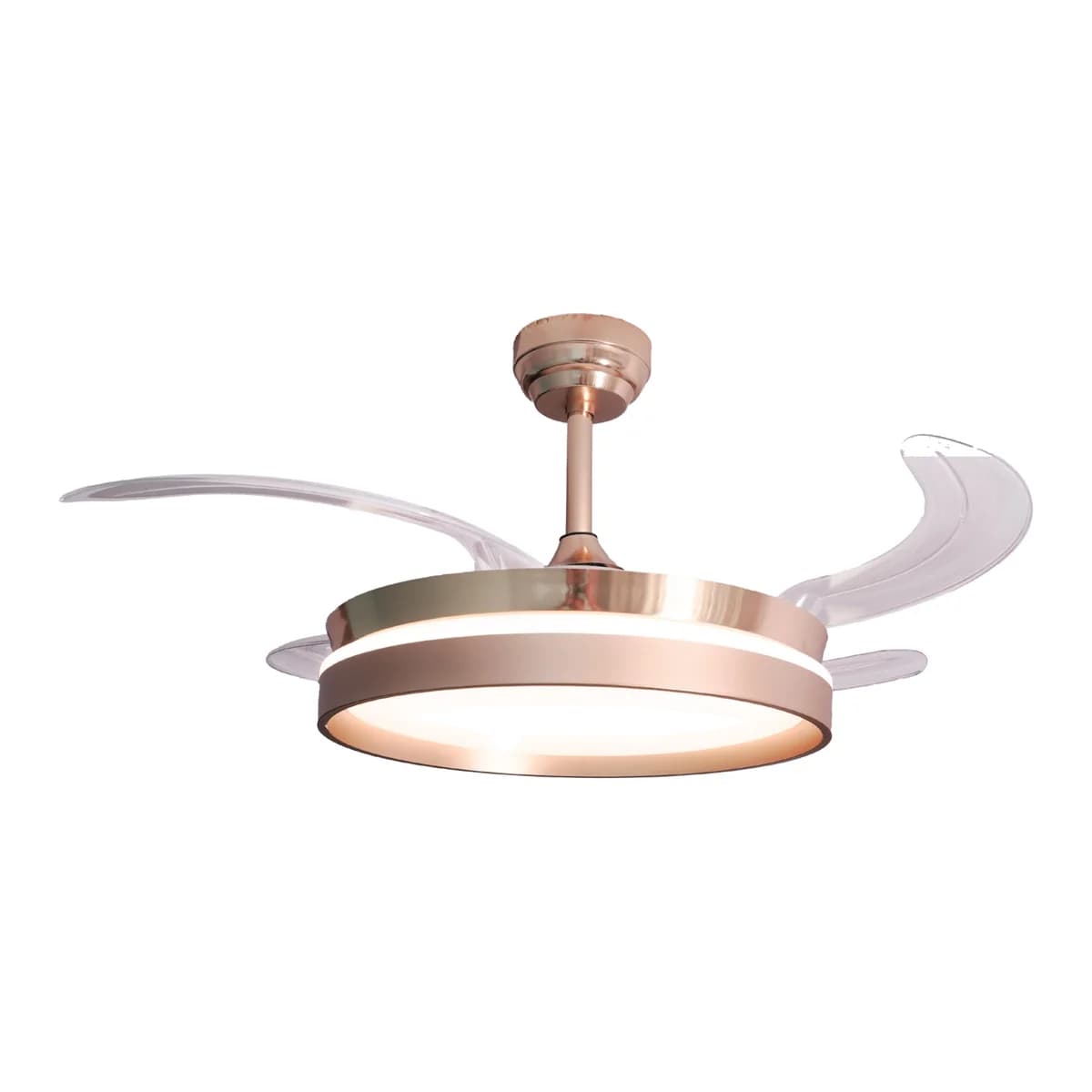 Ella rose gold chandelier fan, profile view with blades open