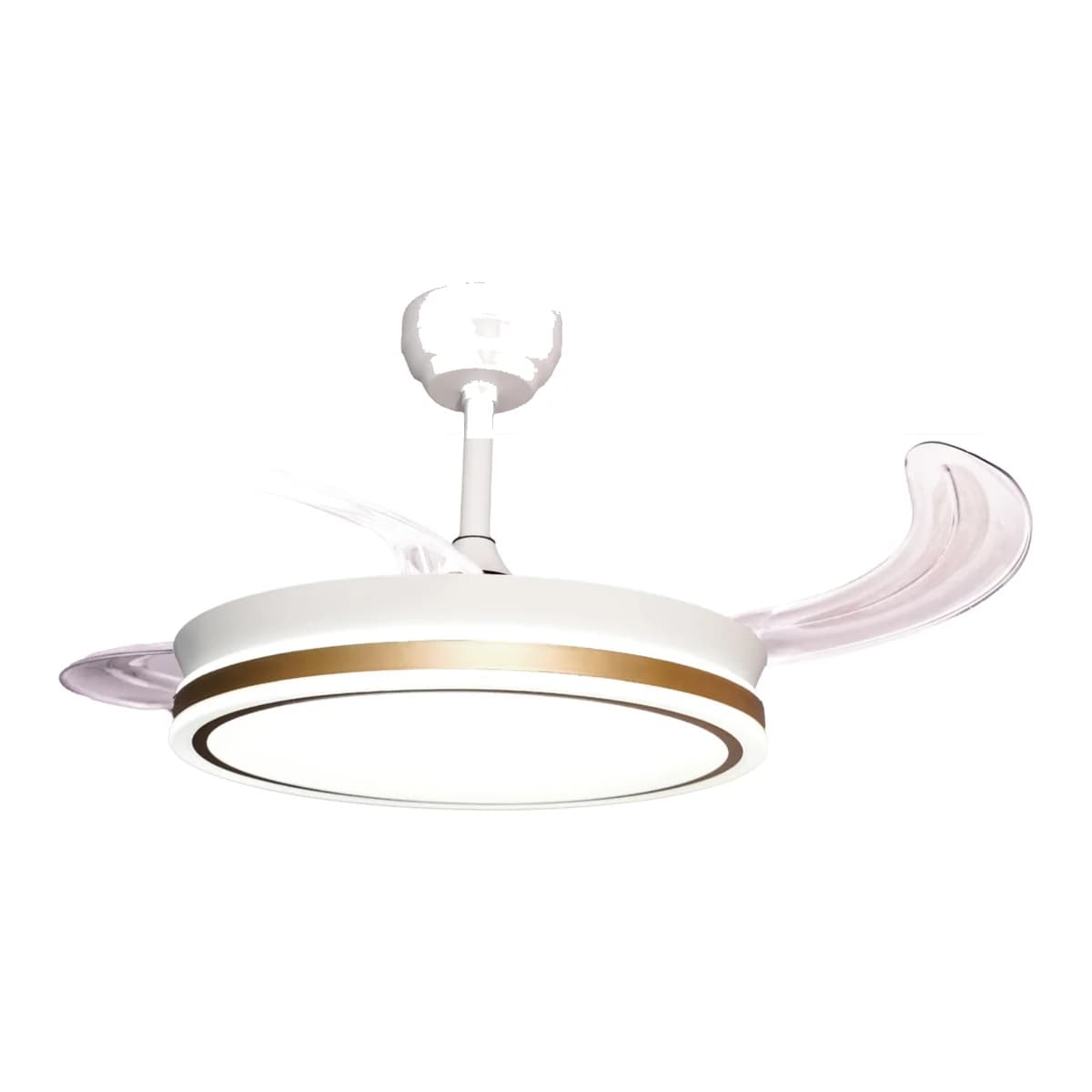 Keav white chandelier fan, profile view with blades open