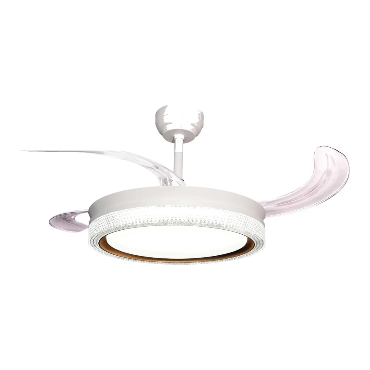 Norah white chandelier fan, profile view with blades open